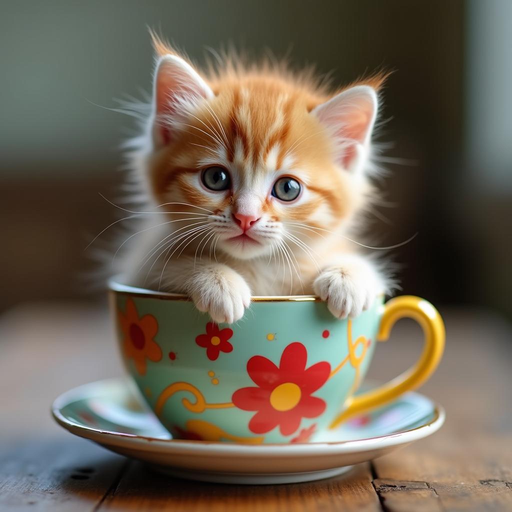 A charming raw photograph of an adorable fluffy kitten sitting snugly in a colorful teacup, with its big bright eyes looking playfully at the viewer