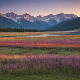 A serene landscape at sunset, with an expansive undulating meadow in the foreground, a calm lake in the middle, and a series of majestic mountains in the background. The setting sun colors the scene with brilliant hues of red, orange, and purple.