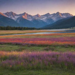 A serene landscape at sunset, with an expansive undulating meadow in the foreground, a calm lake in the middle, and a series of majestic mountains in the background. The setting sun colors the scene with brilliant hues of red, orange, and purple.