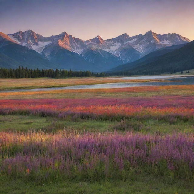 A serene landscape at sunset, with an expansive undulating meadow in the foreground, a calm lake in the middle, and a series of majestic mountains in the background. The setting sun colors the scene with brilliant hues of red, orange, and purple.