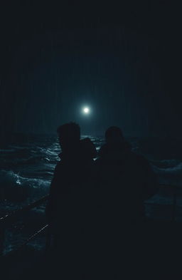 Two guys barely visible due to dim lighting on a ship at night, surrounded by choppy waves and rain