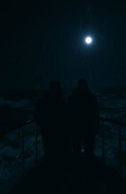 Two guys barely visible due to dim lighting on a ship at night, surrounded by choppy waves and rain