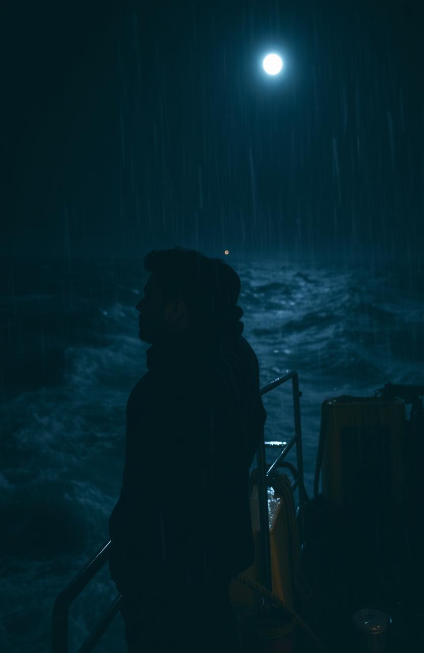 Two guys barely visible due to dim lighting on a ship at night, surrounded by choppy waves and rain