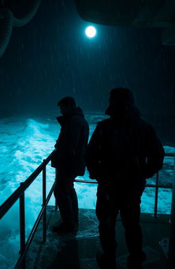 Two guys barely visible due to dim lighting on a ship at night, surrounded by choppy waves and rain