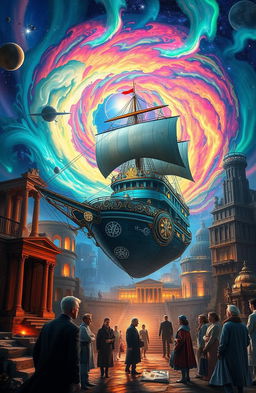 A fantastical scene of a time-traveling ship emerging from a swirling vortex of colors and cosmic energy, surrounded by ancient ruins and futuristic cities blending together in harmony