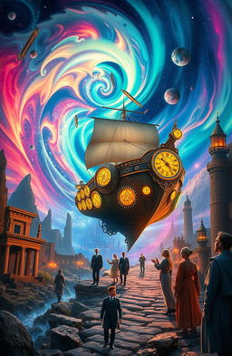 A fantastical scene of a time-traveling ship emerging from a swirling vortex of colors and cosmic energy, surrounded by ancient ruins and futuristic cities blending together in harmony