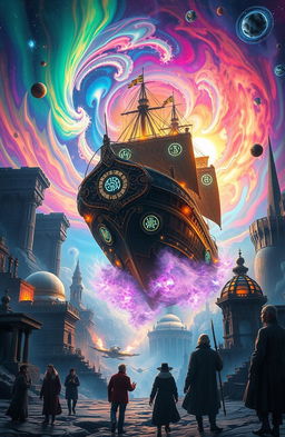 A fantastical scene of a time-traveling ship emerging from a swirling vortex of colors and cosmic energy, surrounded by ancient ruins and futuristic cities blending together in harmony