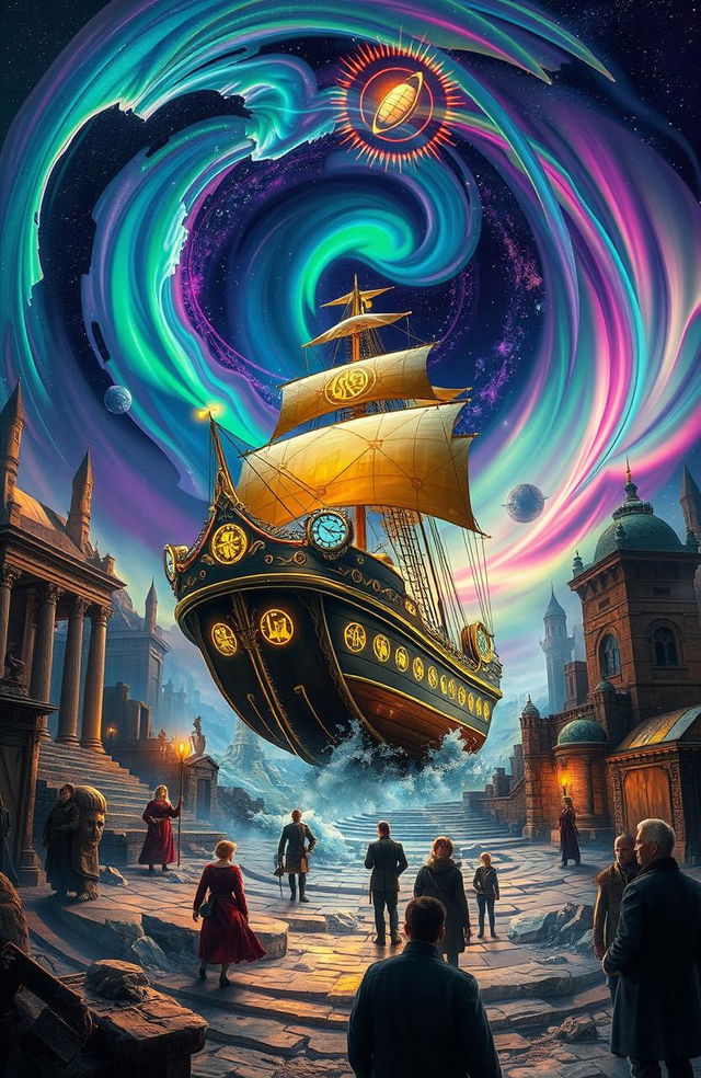 A fantastical scene of a time-traveling ship emerging from a swirling vortex of colors and cosmic energy, surrounded by ancient ruins and futuristic cities blending together in harmony