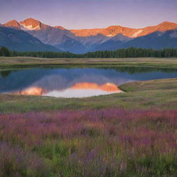 A serene landscape at sunset, with an expansive undulating meadow in the foreground, a calm lake in the middle, and a series of majestic mountains in the background. The setting sun colors the scene with brilliant hues of red, orange, and purple.