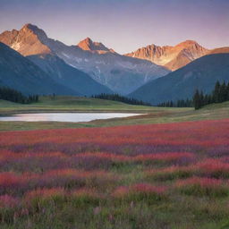 A serene landscape at sunset, with an expansive undulating meadow in the foreground, a calm lake in the middle, and a series of majestic mountains in the background. The setting sun colors the scene with brilliant hues of red, orange, and purple.