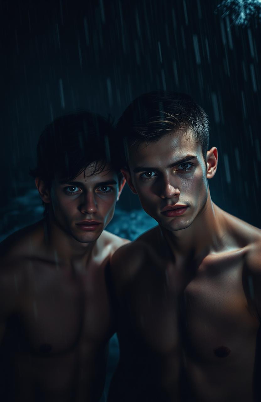 Two slender young men, partially obscured by dim lighting, aboard a ship late at night