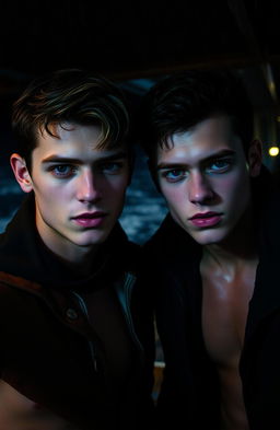 Two slender young men, partially obscured by dim lighting, aboard a ship late at night