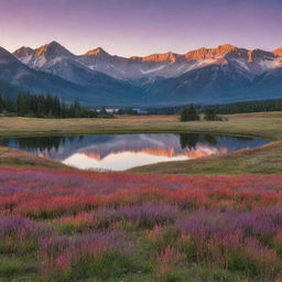 A serene landscape at sunset, with an expansive undulating meadow in the foreground, a calm lake in the middle, and a series of majestic mountains in the background. The setting sun colors the scene with brilliant hues of red, orange, and purple.