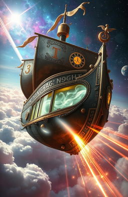 A fantastical time-traveling ship soaring through the clouds, its sleek metallic structure adorned with intricate patterns and glowing runes, symbolizing its connection to different eras