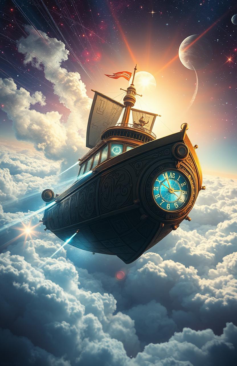 A fantastical time-traveling ship soaring through the clouds, its sleek metallic structure adorned with intricate patterns and glowing runes, symbolizing its connection to different eras