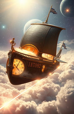 A fantastical time-traveling ship soaring through the clouds, its sleek metallic structure adorned with intricate patterns and glowing runes, symbolizing its connection to different eras