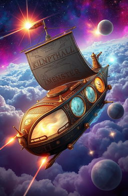 A fantastical time-traveling ship soaring through the clouds, its sleek metallic structure adorned with intricate patterns and glowing runes, symbolizing its connection to different eras