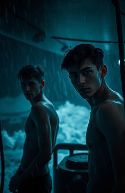 Two slender young men partially obscured by shadows, aboard a ship at night