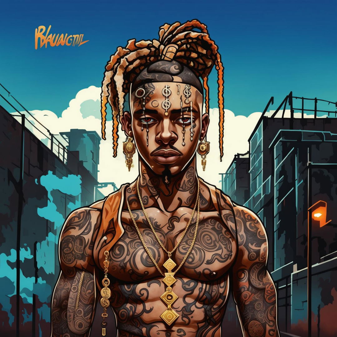 Digital art album cover featuring a real-life Soundcloud rapper with face tattoos against an urban landscape at dusk. His intense eyes, dreadlocks, gold chain with dollar sign pendant, and graffiti-style album title and name add to the raw authenticity of the image.