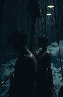 Two slender young men partially obscured by shadows, aboard a ship at night