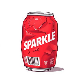 A full view illustration of a crushed red soda can prominently displaying the word 'SPARKLE' in bold white letters