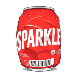 A full view illustration of a crushed red soda can prominently displaying the word 'SPARKLE' in bold white letters