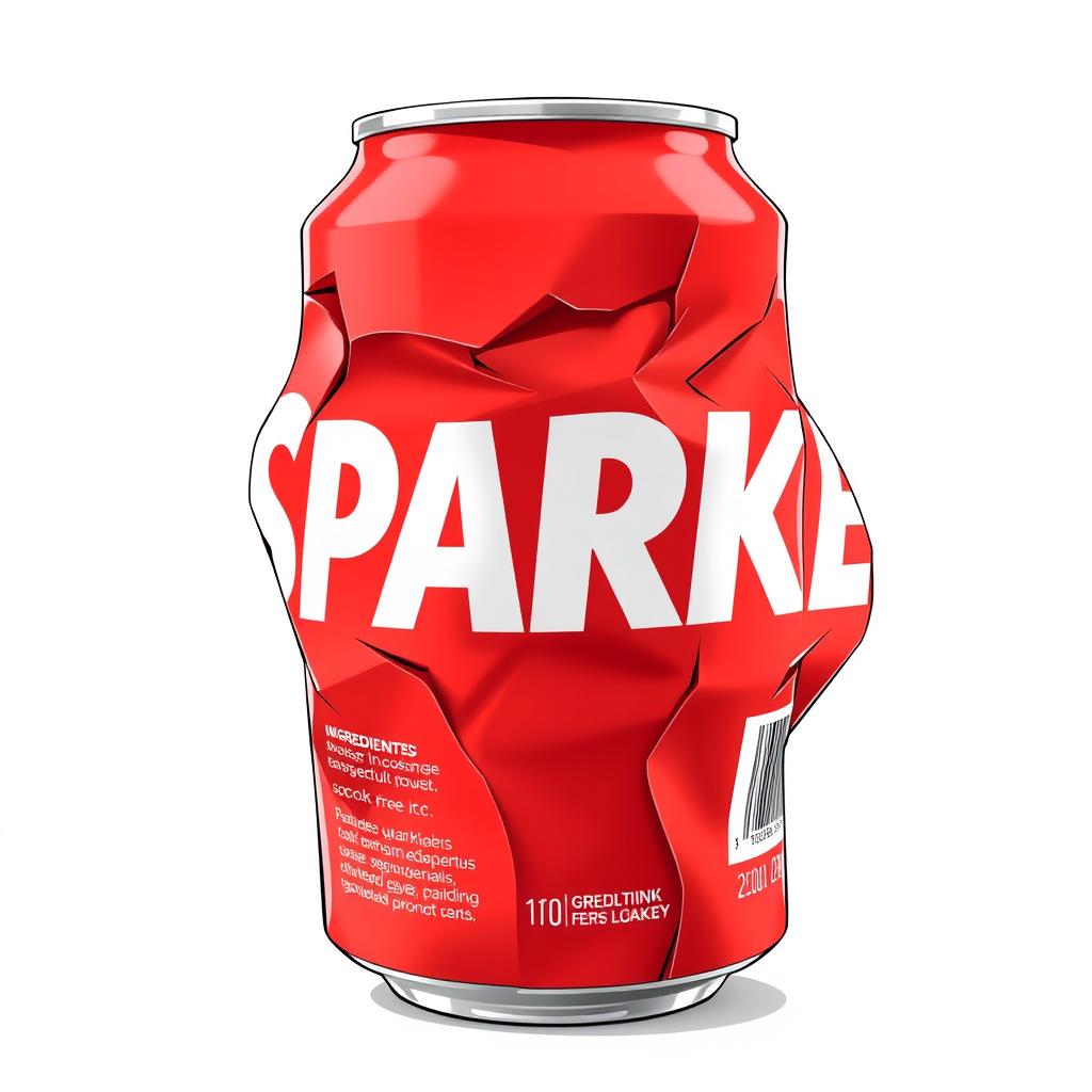 A full view illustration of a crushed red soda can prominently displaying the word 'SPARKLE' in bold white letters