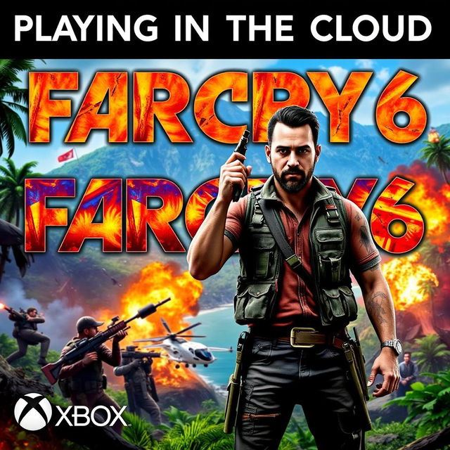 A vibrant and high-quality thumbnail for a gameplay video titled 'Playing in the Cloud: Far Cry 6 | Gameplay | Xbox Cloud Gaming 🎮🔥👾| Game Pass Ultimate