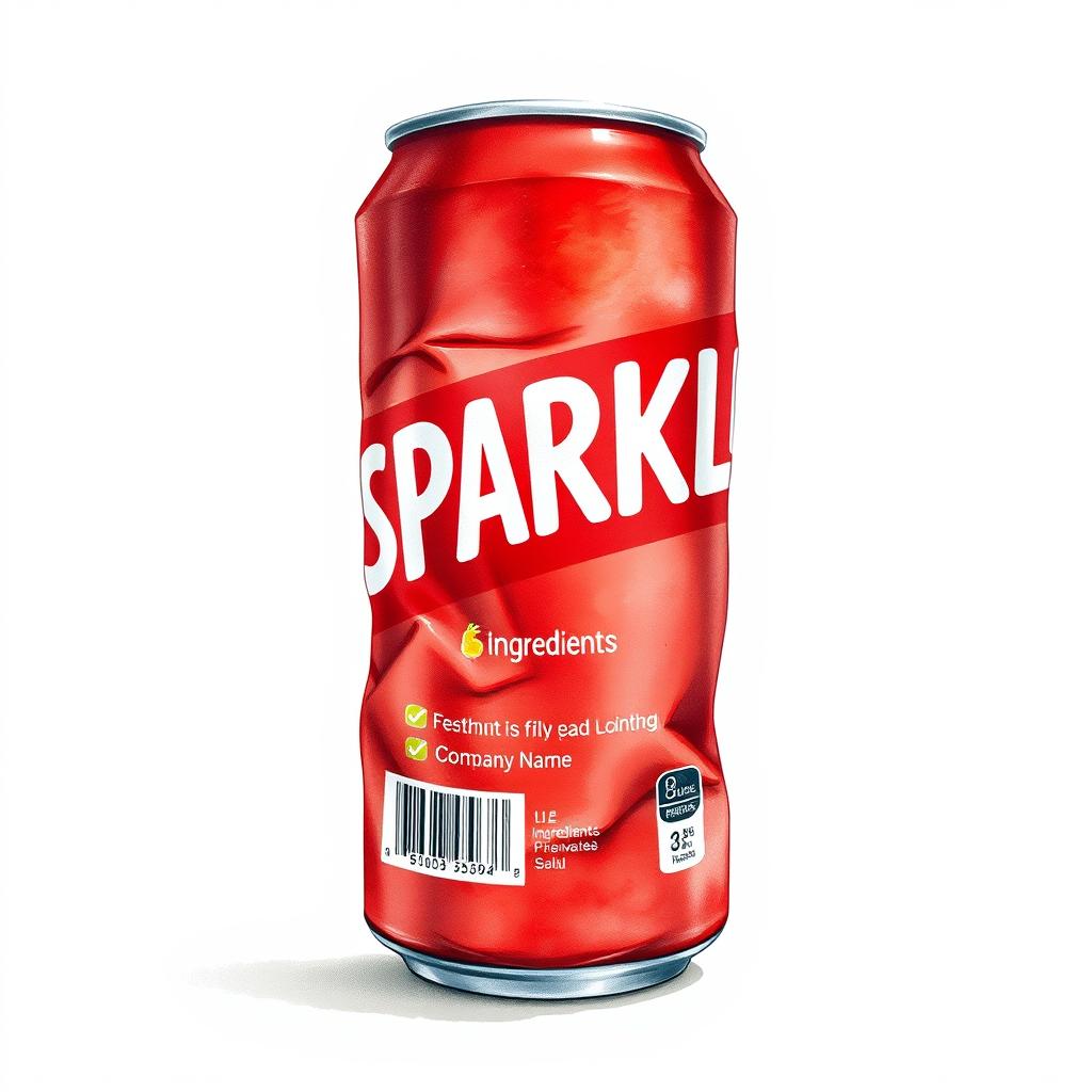 A full view watercolor illustration of a crushed red soda can showcasing the word 'SPARKLE' in bold white letters