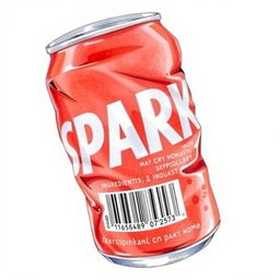 A full view watercolor illustration of a crushed red soda can showcasing the word 'SPARKLE' in bold white letters