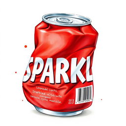 A full view watercolor illustration of a crushed red soda can showcasing the word 'SPARKLE' in bold white letters