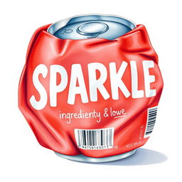 A full view watercolor illustration of a crushed red soda can showcasing the word 'SPARKLE' in bold white letters