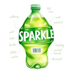 A full view watercolor illustration of a crushed green lemon water bottle showcasing the word 'SPARKLE' in bold white letters