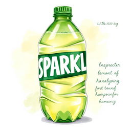 A full view watercolor illustration of a crushed green lemon water bottle showcasing the word 'SPARKLE' in bold white letters