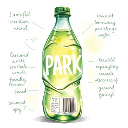 A full view watercolor illustration of a crushed green lemon water bottle showcasing the word 'SPARKLE' in bold white letters