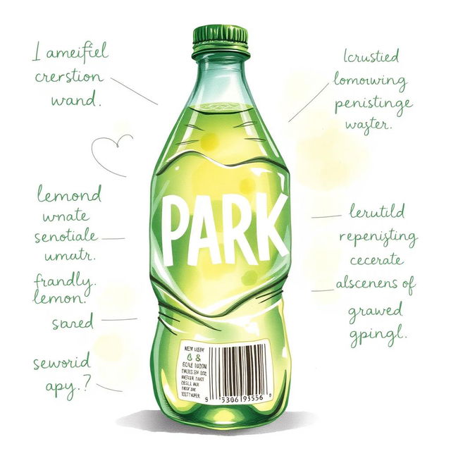 A full view watercolor illustration of a crushed green lemon water bottle showcasing the word 'SPARKLE' in bold white letters