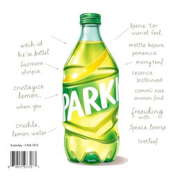 A full view watercolor illustration of a crushed green lemon water bottle showcasing the word 'SPARKLE' in bold white letters