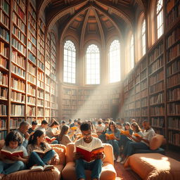 A majestic library filled with towering bookshelves overflowing with colorful books, sunlight streaming through large windows, creating a warm and inviting atmosphere