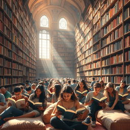 A majestic library filled with towering bookshelves overflowing with colorful books, sunlight streaming through large windows, creating a warm and inviting atmosphere