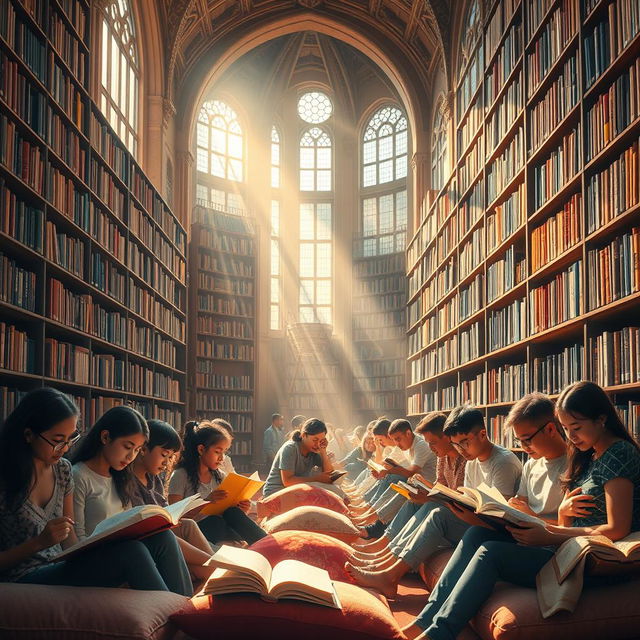 A majestic library filled with towering bookshelves overflowing with colorful books, sunlight streaming through large windows, creating a warm and inviting atmosphere