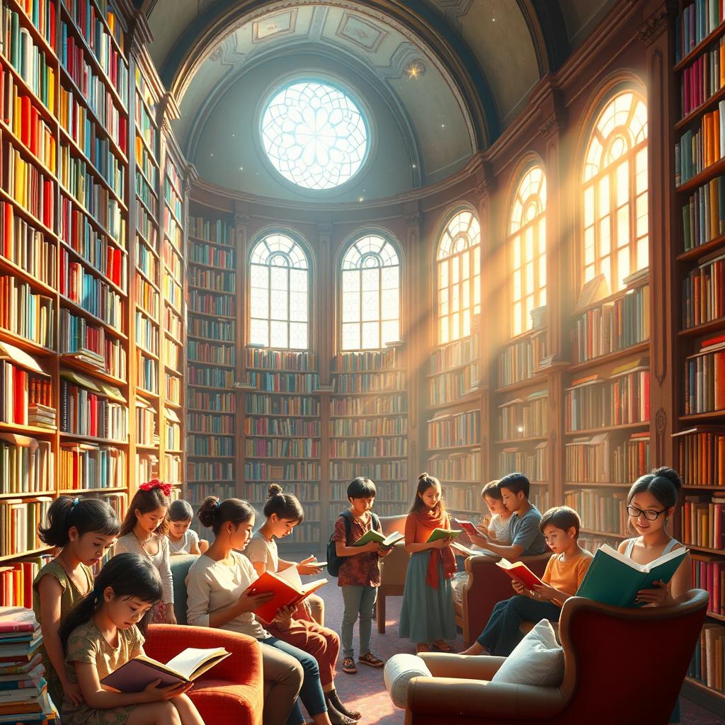 A vibrant and enchanting library filled with towering bookshelves, each brimming with colorful books of all sizes, creating a kaleidoscope of hues