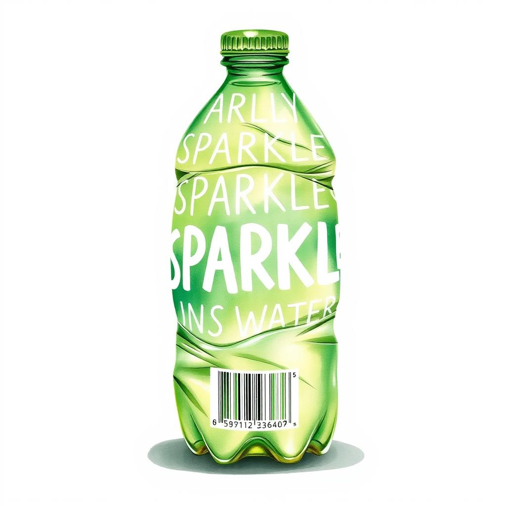 A full view watercolor illustration of a crushed empty green lemon water bottle prominently featuring the word 'SPARKLE' in bold white letters