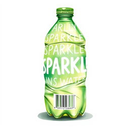 A full view watercolor illustration of a crushed empty green lemon water bottle prominently featuring the word 'SPARKLE' in bold white letters