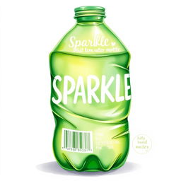 A full view watercolor illustration of a crushed empty green lemon water bottle prominently featuring the word 'SPARKLE' in bold white letters