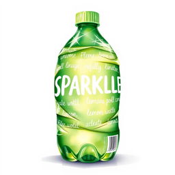 A full view watercolor illustration of a crushed empty green lemon water bottle prominently featuring the word 'SPARKLE' in bold white letters