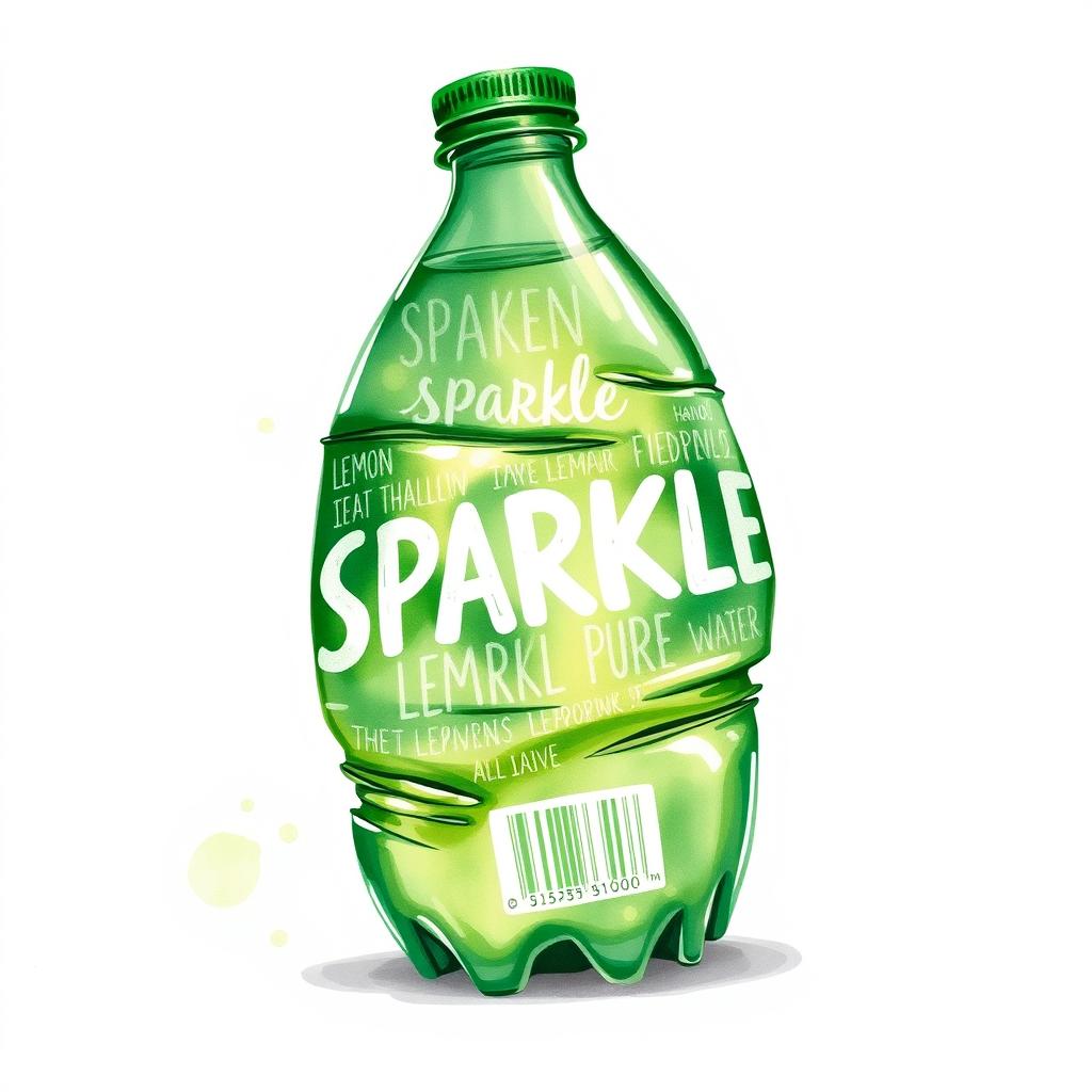 A full view watercolor illustration of a crushed empty green lemon water bottle prominently featuring the word 'SPARKLE' in bold white letters