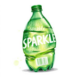 A full view watercolor illustration of a crushed empty green lemon water bottle prominently featuring the word 'SPARKLE' in bold white letters