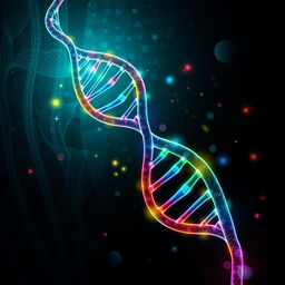 A visually striking representation of genetic themes, featuring an intricate double helix DNA structure glowing in vibrant colors, surrounded by abstract shapes symbolizing genetic diversity