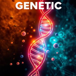 A visually striking representation of genetic themes, featuring an intricate double helix DNA structure glowing in vibrant colors, surrounded by abstract shapes symbolizing genetic diversity