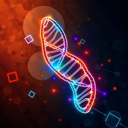 A visually striking representation of genetic themes, featuring an intricate double helix DNA structure glowing in vibrant colors, surrounded by abstract shapes symbolizing genetic diversity